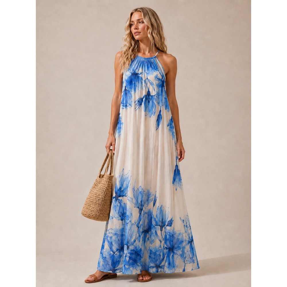 Bellambra Italy Cotton Silk Blue Floral Halter Maxi Dress Resort Size M